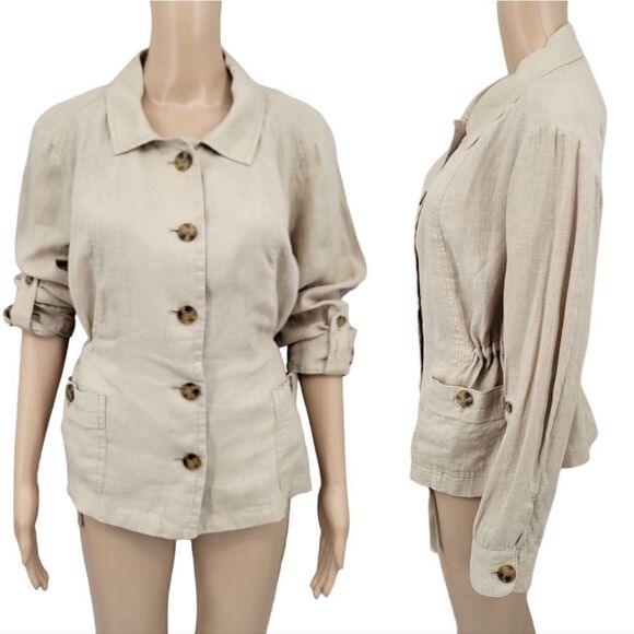 Coldwater Creek Tan Linen Convertible Sleeve Light Weight Shirt Jacket Shacket - Picture 1 of 13